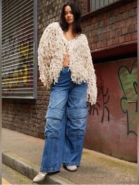 Nasty Gal Beige Shaggy Fringe Cropped Cardigan